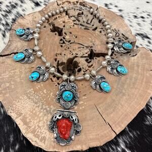 THE NAVAJO HOGAN Carl Luthey Sterling Persian Turquoise & Coral Cameo Necklace